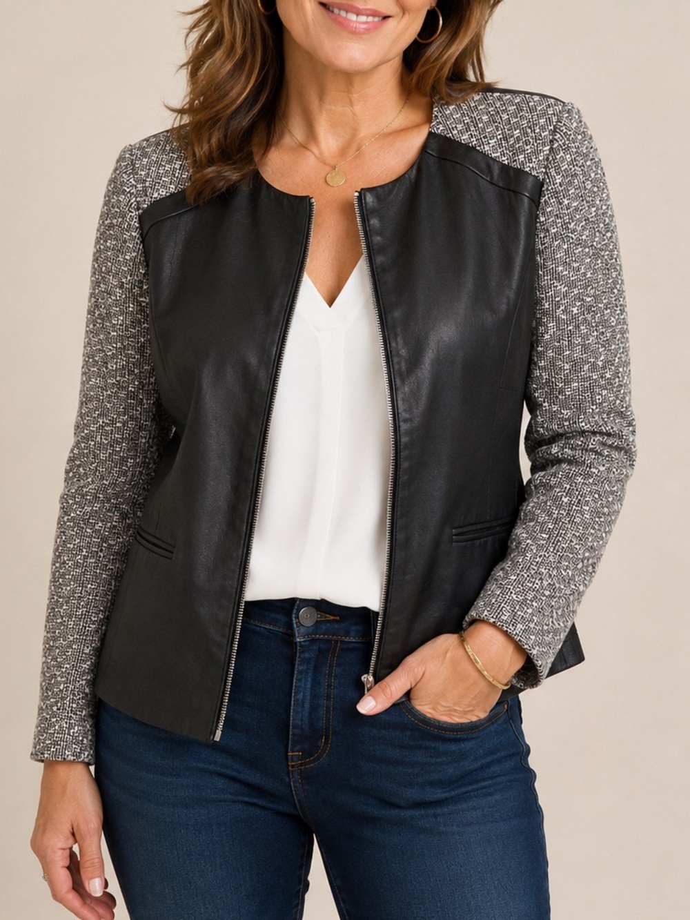 Bianca Nygård Faux Leather & Tweed Jacket Plus Size 14W Black Zip Front